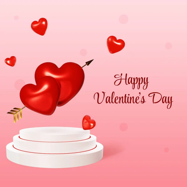 Valentine\'s Day greeting card, printing house, two hearts pierced by a golden Cupid arrow on a white podium on a pink background with flying hearts, 3d rendering