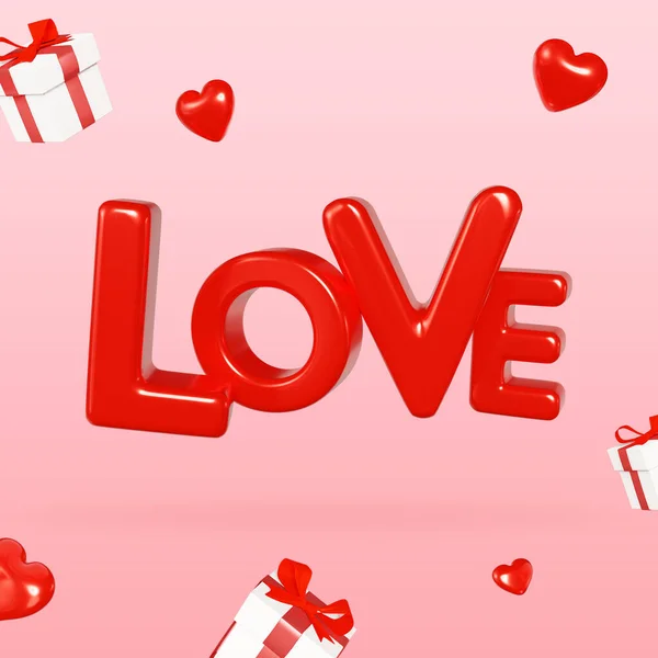 The word Love in red letters, the inscription Love and flying hearts and gifts. Happy Valentine's Day, Mother's Day, March 8, 3D rendering