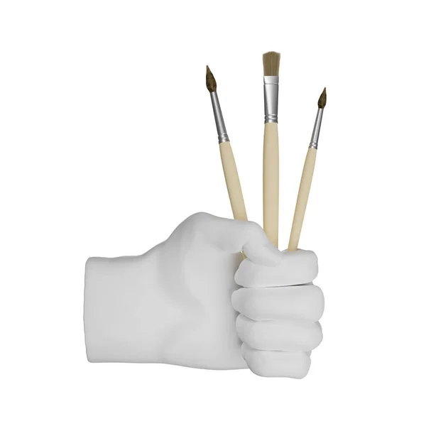 3d plaster sculpture of a hand holds paintbrushes, Isolated illustration on white background, 3d rendering