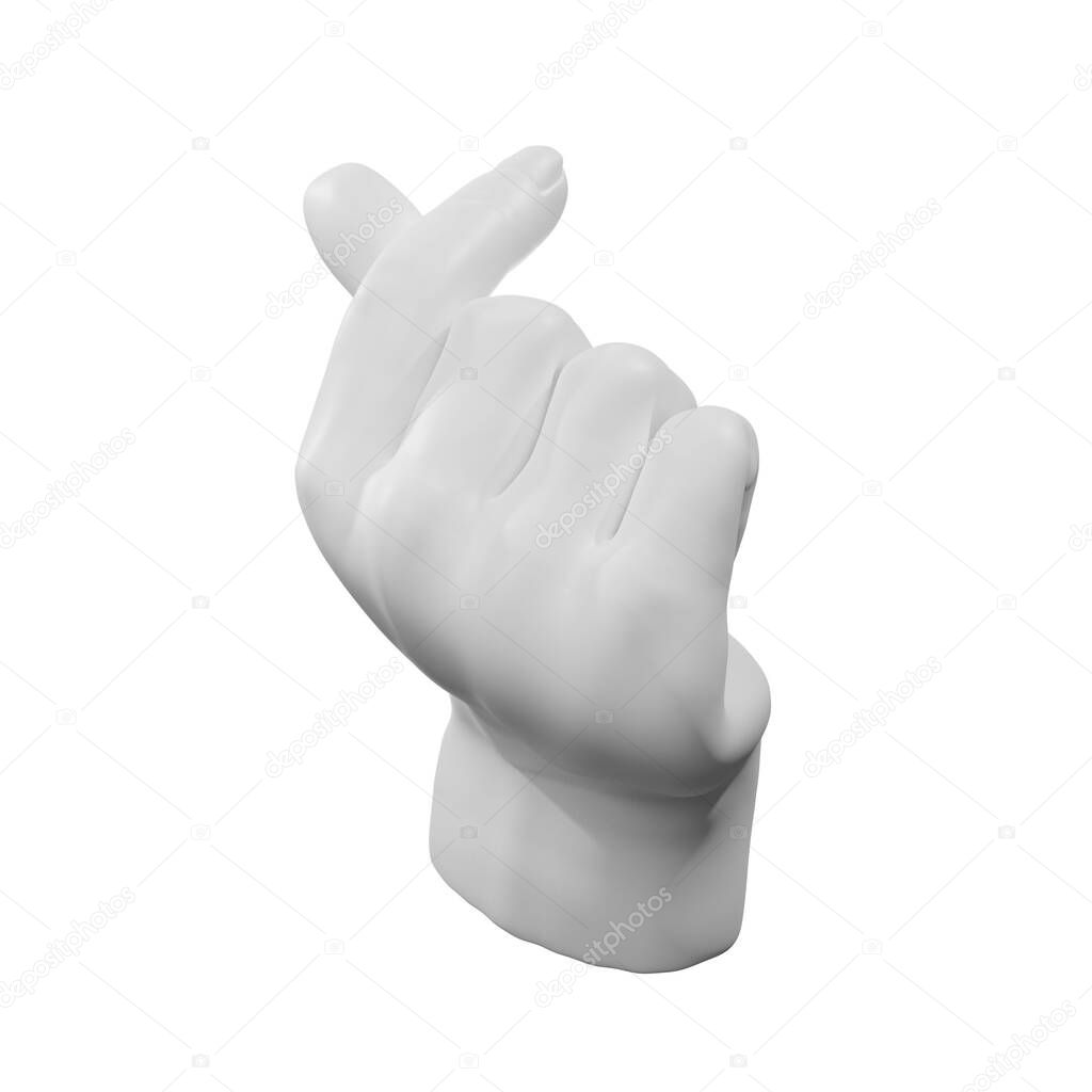 3D plaster sculpture of a hand showing snap finger gesture, isolated on white background, 3D rendering 