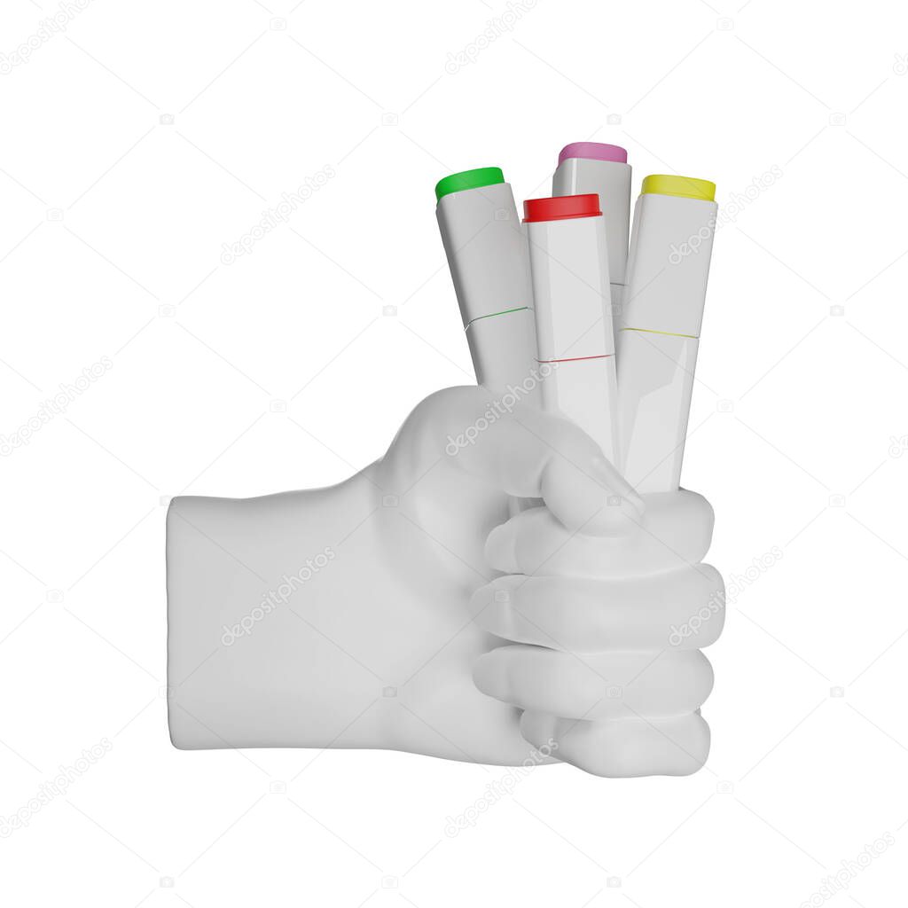 3d plaster sculpture of a hand holds colorful markers, Isolated illustration on white background, 3d rendering