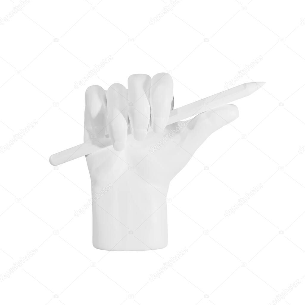 3d plaster sculpture of a hand holds a pencil or digital pen, stylus for tablet. To make sketches, notes, isolated on a white background, 3D rendering