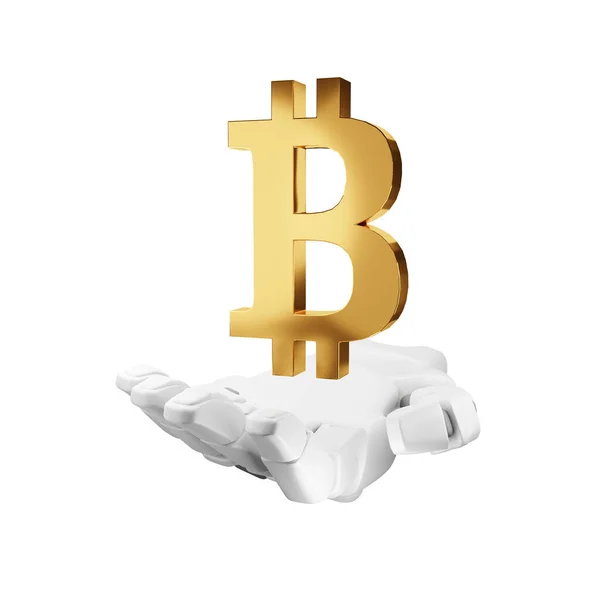 Robot Hand Holding Bitcoin Sign Isolated White Background Rendering — Stock Photo, Image