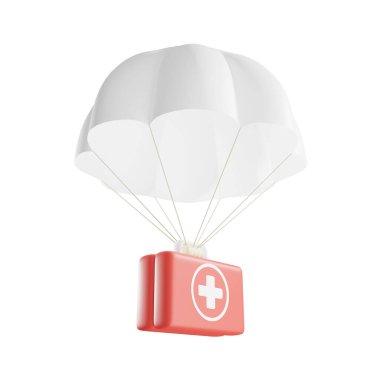 3D parachute with first aid kit, isolated on white background, 3d rendering clipart