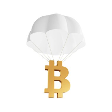 3 boyutlu paraşüt, Bitcoin işareti, beyaz arkaplanda izole edilmiş, 3D görüntüleme
