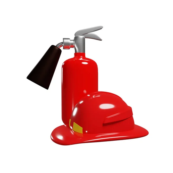 Estintore Rosso Casco Pompiere Illustrazione Isolata Sfondo Bianco Rendering — Foto Stock