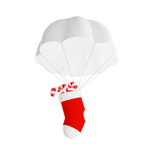 Paracaídas Con Calcetín Navidad Aislado Sobre Fondo Blanco Renderizado — Foto de Stock