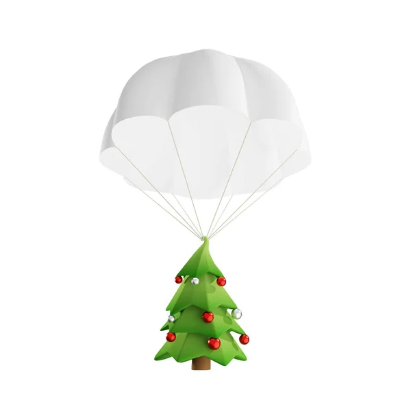 Parachute Avec Arbre Noël Isolé Sur Fond Blanc Rendu — Photo