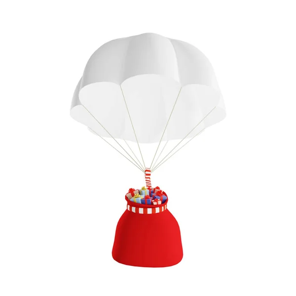 Paracadute Con Sacchetto Babbo Natale Con Regali Isolato Sfondo Bianco — Foto Stock
