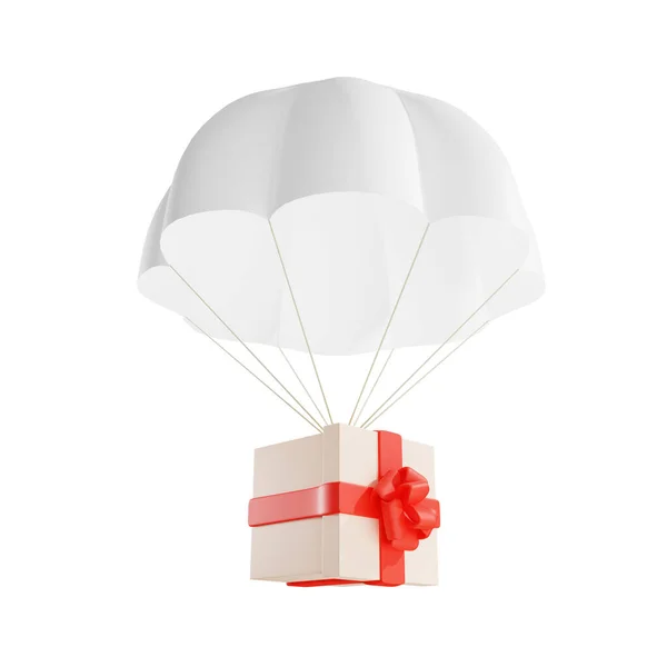 Parachute Met Geschenkdoos Geïsoleerde Illustratie Een Witte Achtergrond Weergave — Stockfoto
