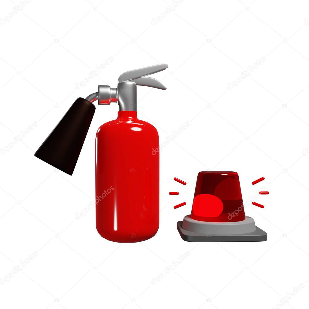 3D red extinguisher and alert siren light, isolated illustration on a white background, 3D rendering