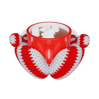3d red cup of cocoa with marshmallows in knitted striped mittens on a white background, 3d illustration