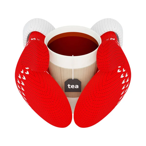 Cup Hot Tea Knitted Red Mittens Isolated White Background Illustration — Zdjęcie stockowe