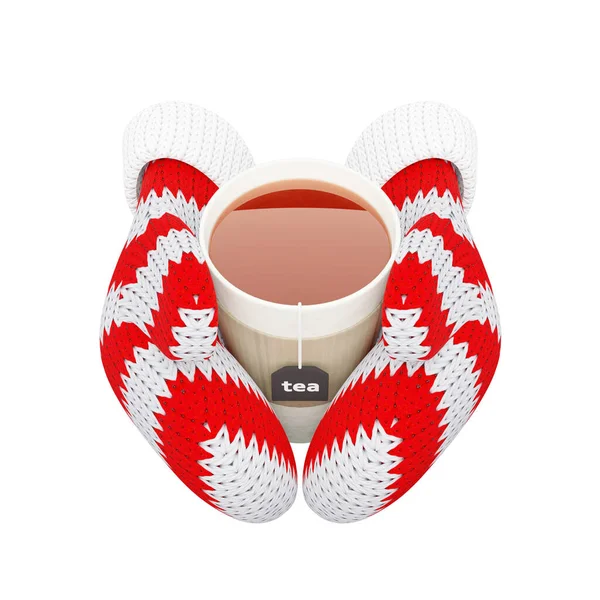 Cup Hot Tea Knitted Striped Mittens Isolated White Background Illustration — Zdjęcie stockowe