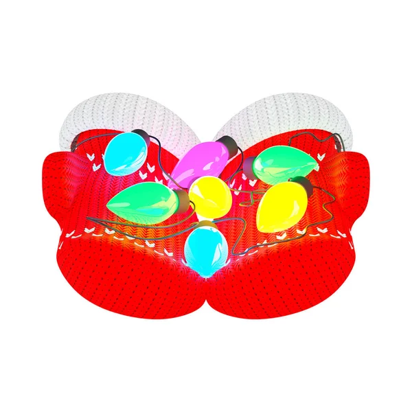 Garland Knitted Red Mittens Colorful Christmas Lights Isolated White Background — Zdjęcie stockowe