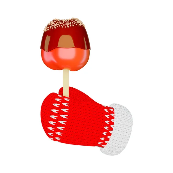 Toffee Apple Stick Knitted Red Mitten Isolated White Background Illustration — Stock fotografie