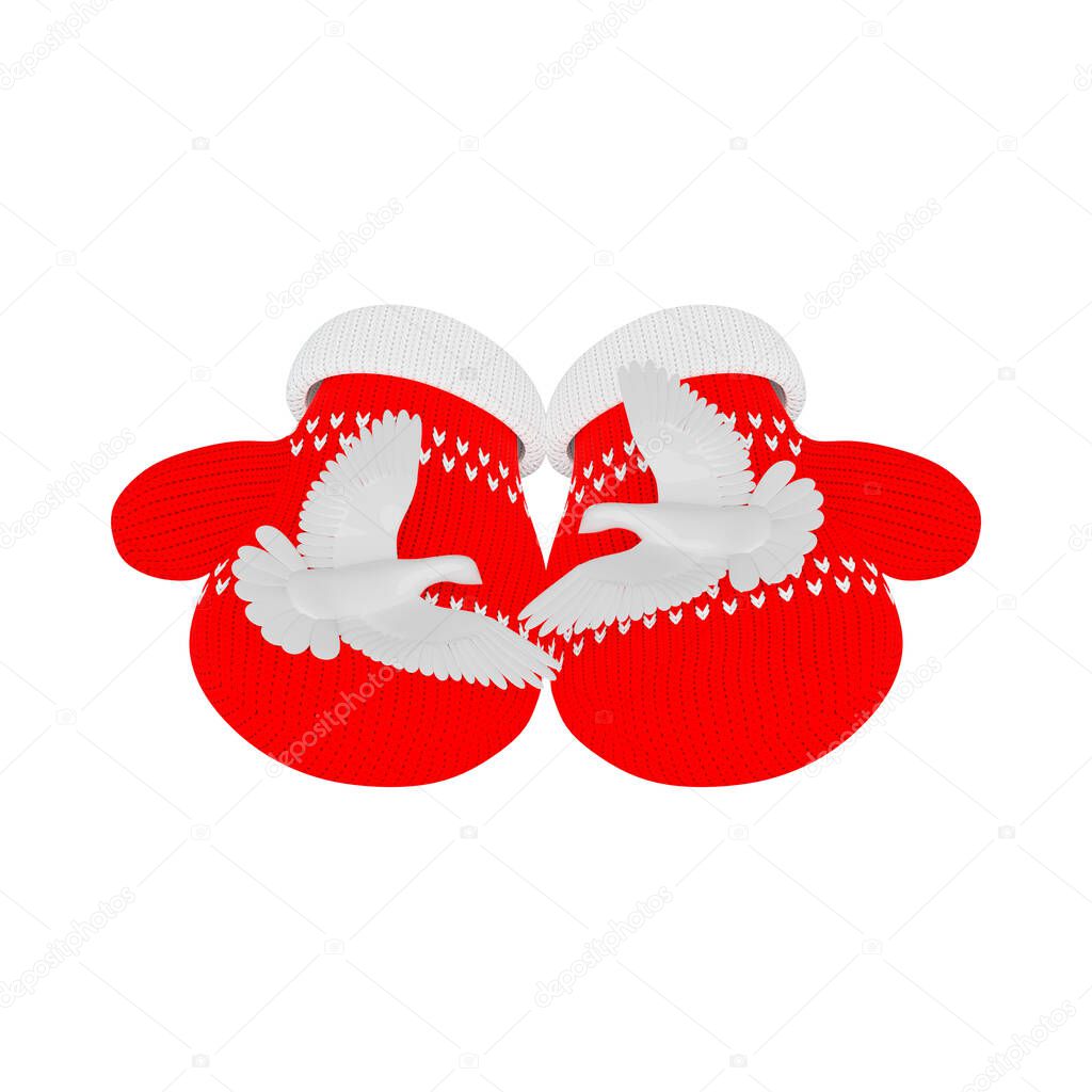 3d two figurines of white turtledoves in knitted red mittens, a gift, symbol of friendship and love, isolated on white background, 3d illustration