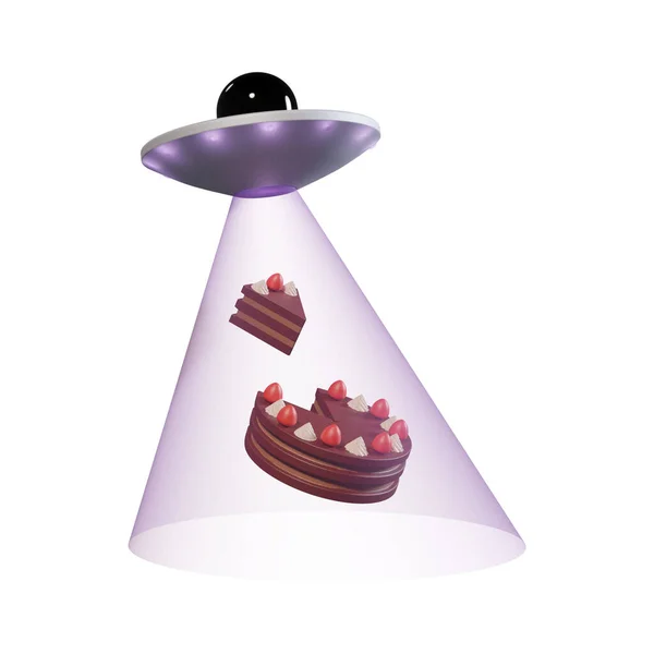 Alien Spaceship Beam Flying Ufo Ship Lifting Chocolate Cake Concept — Stockfoto