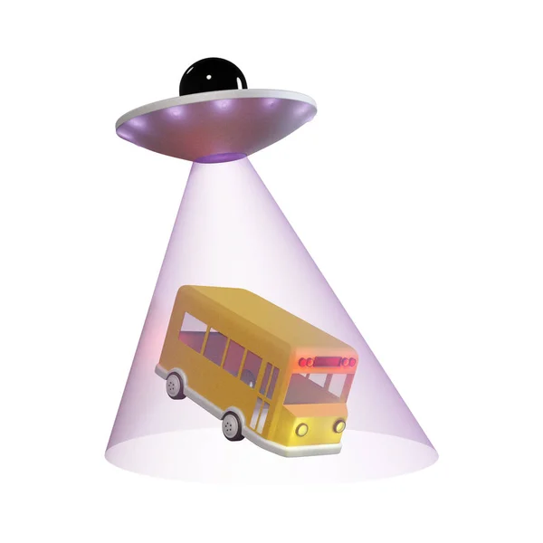 3D alien spaceship with beam. Flying UFO ship lifting yellow bus isolated on white background, 3D rendering