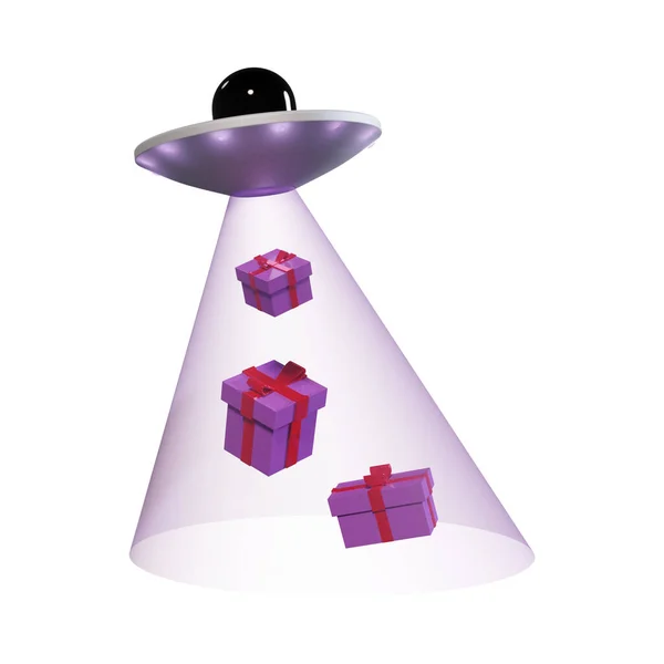 3D alien spaceship with beam. Flying UFO ship lifting gift boxes with bows isolated on white background, 3D rendering