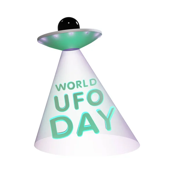 World UFO Day. 3D flying alien spaceship with beam, isolated on white background, 3D rendering