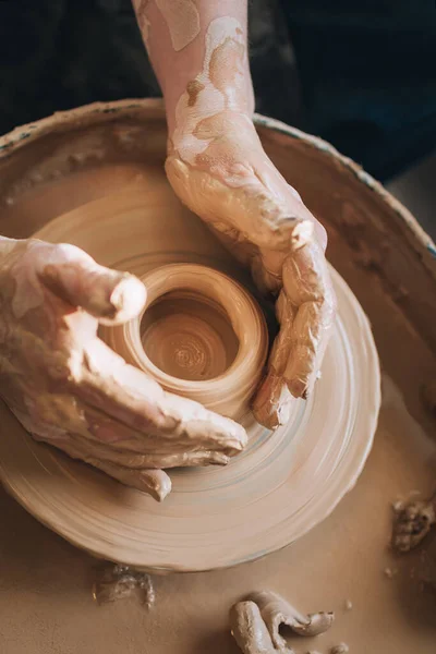 Clay Modeling Hands Potter Wheel Handmade Ceramic Tableware — Stock Photo, Image