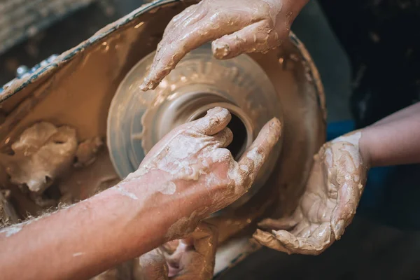 Clay Modeling Hands Potter Wheel Handmade Ceramic Tableware — Zdjęcie stockowe