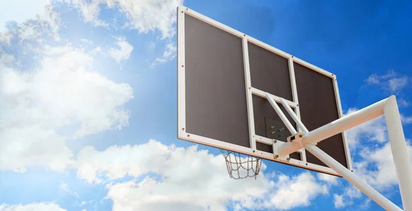 Basketball Backboard Basket Made Iron Chains Close Blue Sky Copy — Stock Photo, Image