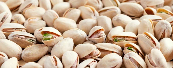 Banner Fresh Green Pistachios Shell Salted Nuts Snack Close Selective — Stock Photo, Image