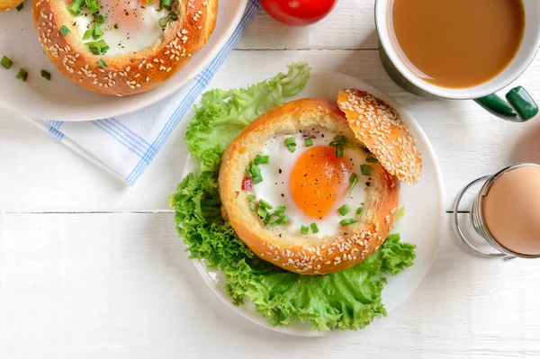 Eggs Baked Bun Ham Cheese Herbs French Breakfast Top View — стоковое фото
