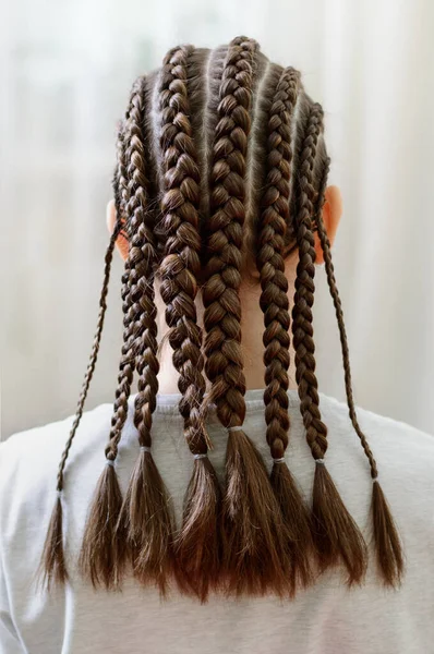 法国风格的发型 多辫子辫子的女孩 垂直的观点 后视镜 — 图库照片