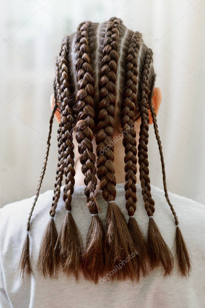 French style hairstyles, many braids braided girl. Vertical view. Rear view.