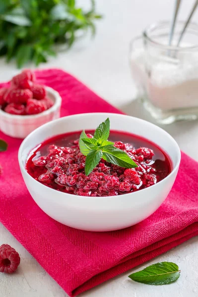 Delicious Raspberry Jam White Bowl Fresh Berries Breakfast Vertical View — Stock Photo, Image