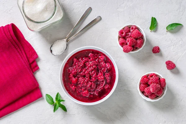 Raspberry Jam Bowl Fresh Berries Mint Leaves Light Background Top — Stockfoto