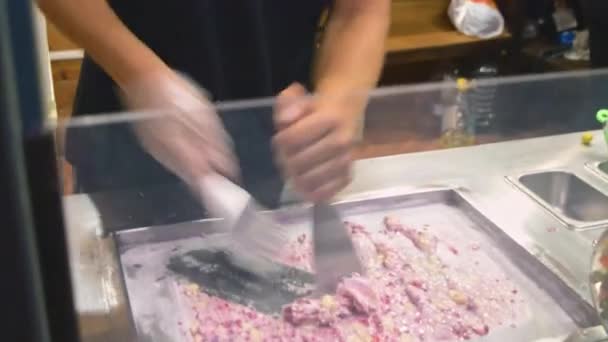 Skilled Man Chopping Raspberries Bananas Mixing Cream Freezing Pan Making — 图库视频影像