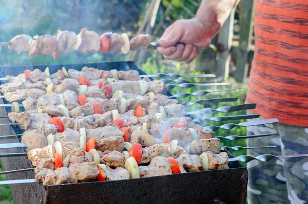 Man Fries Meat Vegetables Iron Skewers Grill Cooking Shashlik — Foto Stock