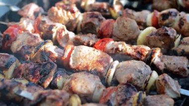 Fresh juicy hot kebab meat on iron skewers. Barbecue outdoors during summer time. Street food. Close-up