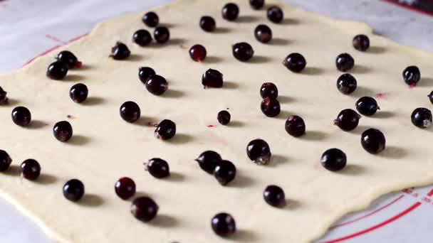 Process Making Berry Roll Confectioner Sprinkles Powdered Sugar Berries Lie — Stock Video