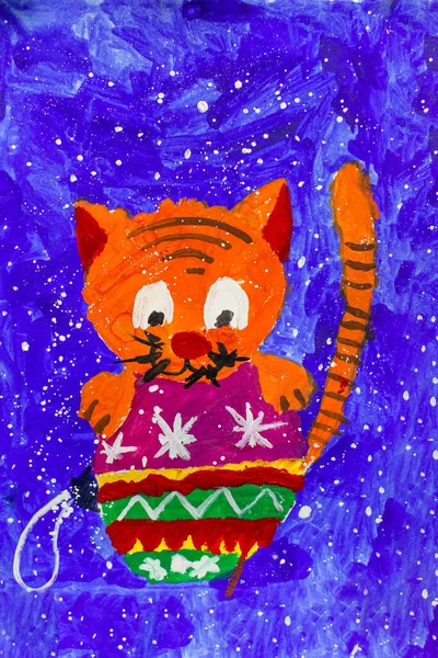 Childrens colorful christmas drawing, Cat and Christmas tree toy. Picture close up. — Stock Photo, Image