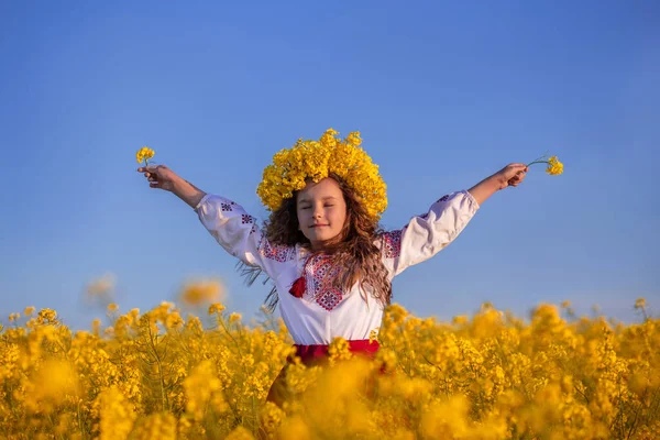 Ukraińskie dziecko dziewczynka w tradycyjnym hafcie i żółty wieniec w polu żółtych kwiatów przed błękitnym niebem. Módl się za Ukrainę. Dzień Flagi Niepodległości Ukrainy. Dzień Konstytucji. Symbole Ukrainy — Zdjęcie stockowe