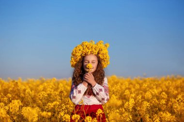 Ukrainian child girl in traditional embroidery and yellow wreath in field of yellow flowers against blue sky. Pray for Ukraine. Ukraines Independence Flag Day. Constitution day. Symbols of Ukraine. clipart