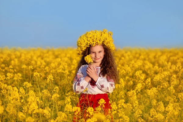 Ukraińskie Dziecko Dziewczynka Tradycyjnym Hafcie Żółty Wieniec Polu Żółtych Kwiatów — Zdjęcie stockowe