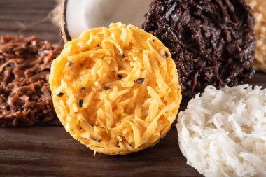 Cocada Hindistan cevizi Şekeri Kırsal Ahşap Arkaplan.