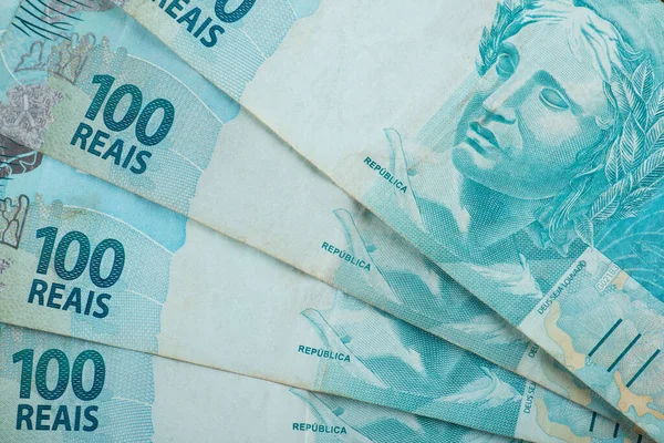 Dinheiro Brasileiro Notas 100 Reais — Fotografia de Stock