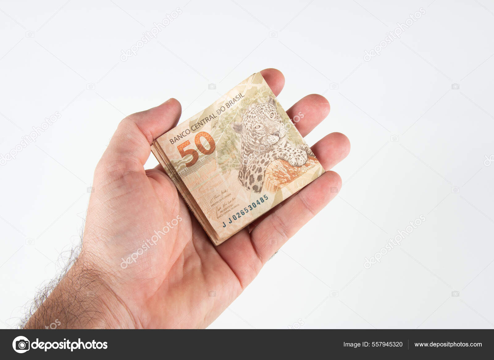 巴西货币手握50雷亚尔钞票巴西金融概念——图库图片© gustavomello162.hotmail.com #557945320
