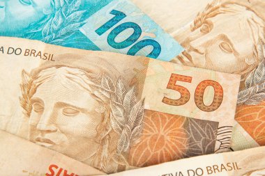 Brezilya parası işte. Brezilyalı gerçek banknotlar. finans kavramı.