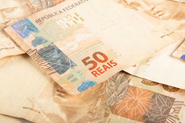 Brezilya parası işte. 50 reais banknot. Brezilya finans kavramı..