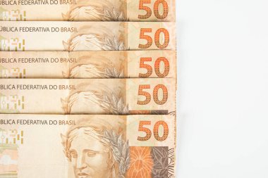 Brezilya parası işte. 50 reais banknot. Brezilya finans konsepti. Boşluğu kopyala..