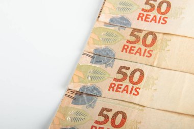Brezilya parası işte. 50 reais banknot. Brezilya finans konsepti. Boşluğu kopyala..