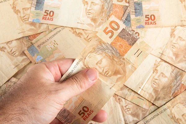 Бразильские Деньги Рука Держит Реалов Банкнот Концепция Финансирования Бразилии — стоковое фото